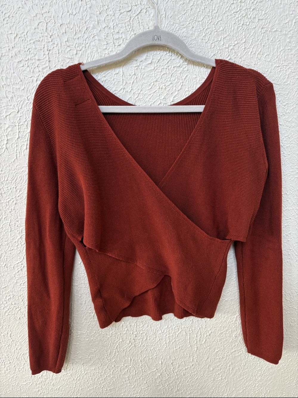 PINK ROSE Rust Red Ribbed Long Sleeve Wrap Top - Picture 3 of 3